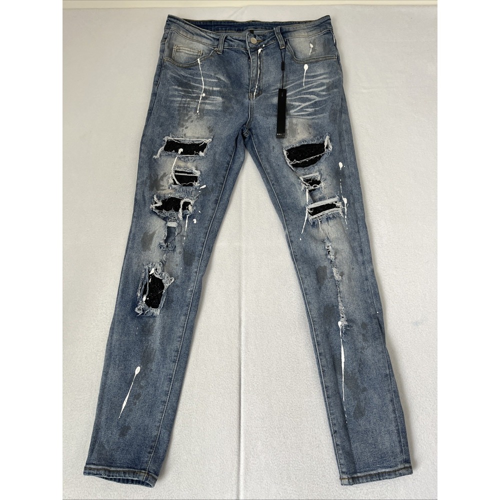 AMIRI Paint Splatter Jeans with Rhinestone SIZE 34x31 Made in USA Distressed